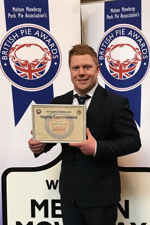 Tom Armstrong with his Highly Commended Meat & Potato Pie award at the British Pie Awards 2018